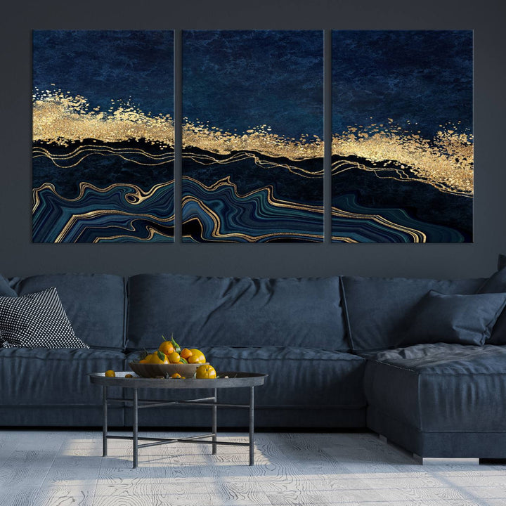 Navy Blue Marble Fluid Effect Large Wall Art Modern Abstract Canvas Wall Art Print