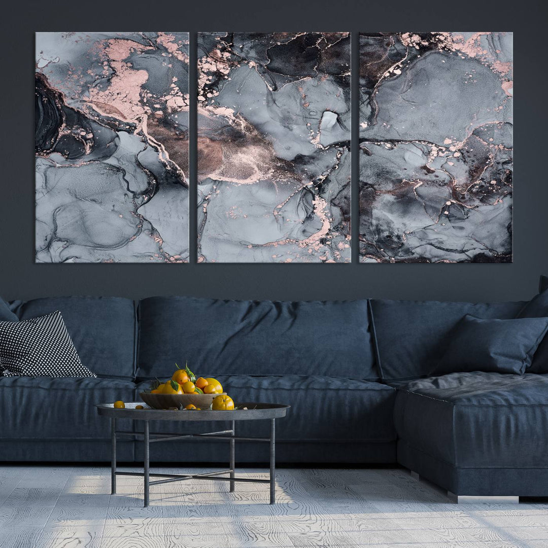 Impresión de arte de pared grande con efecto fluido de mármol gris y oro rosa, lienzo abstracto moderno