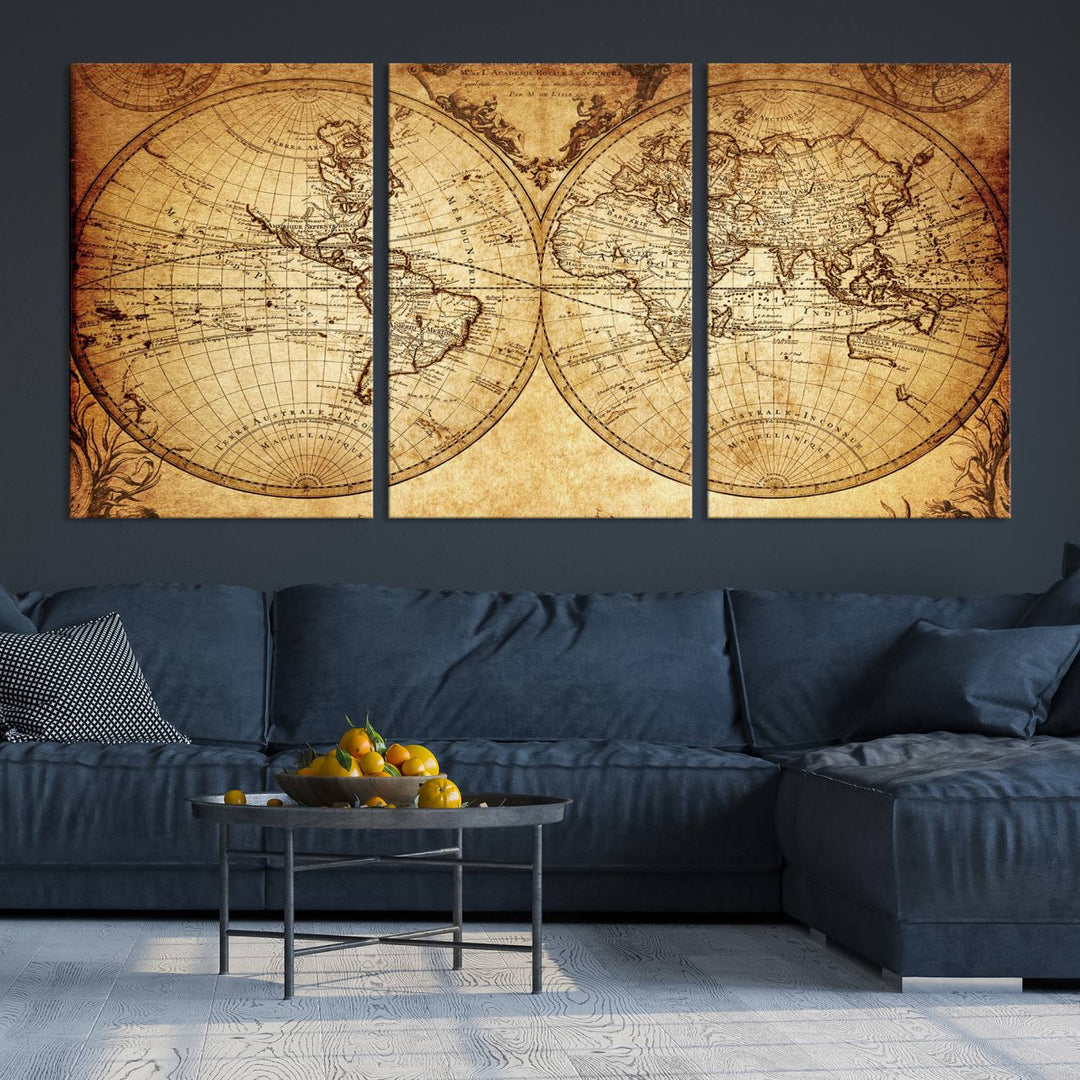 Vintage World Map Wall Art | 3-Panel Canvas Print for Living Room, Office, or Study | Giclee Canvas with Antique Design