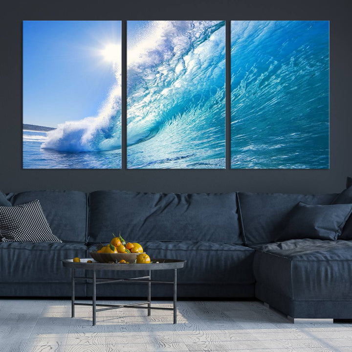 Blue Big Wave Surf Ocean Canvas Wall Art Artwork Print, Art mural de plage, Art de mur de mer