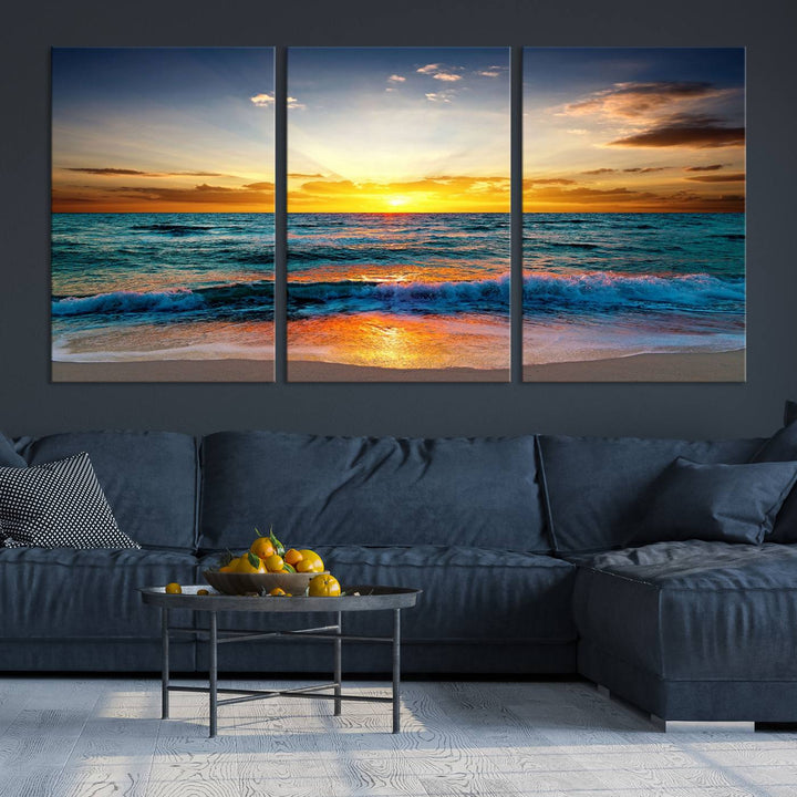 Vibrant Ocean Sunrise Over Golden Beach Waves, Giclee Canvas Wall Art Set, High-Quality Stretched Canvas Print, Ready to Hang Coastal Sunset Wall