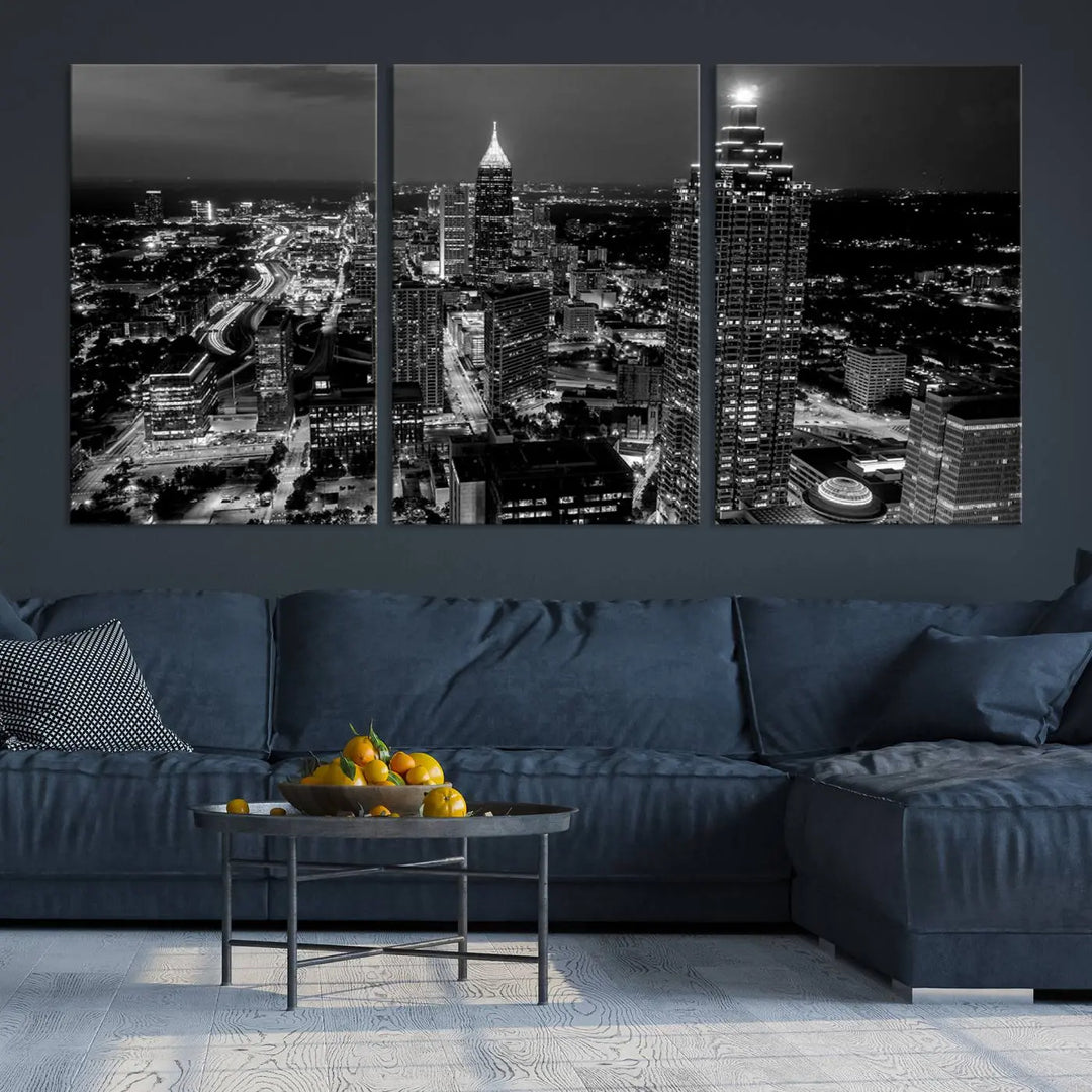 The Atlanta City Lights Skyline Black and White Wall Art Cityscape Canvas Print is elegantly displayed on the wall. These museum-quality canvases arrive ready to hang, making your art display both effortless and sophisticated.