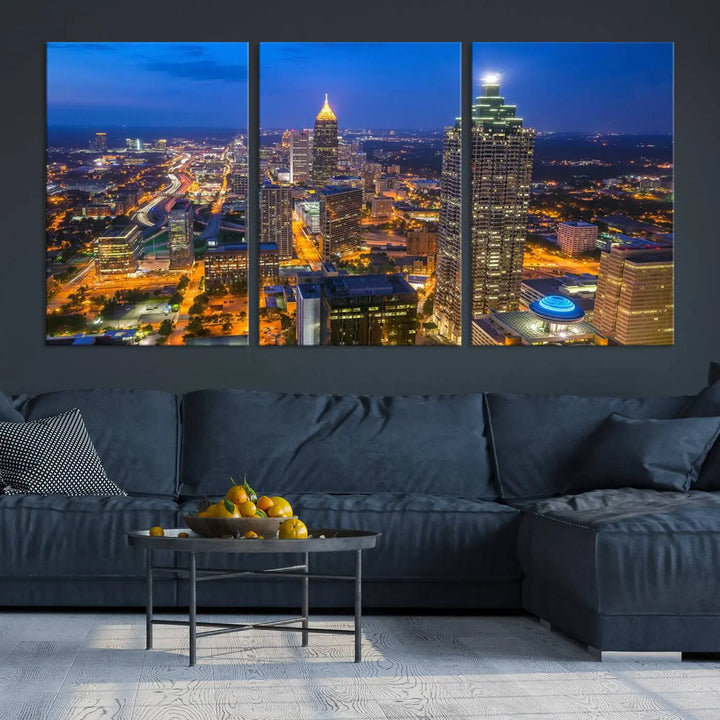 An elegant Atlanta City Blue Skyline Cityscape View Wall Art Canvas Print graces the wall, offering a sophisticated addition to your living space. Enjoy free shipping on this stylish piece.