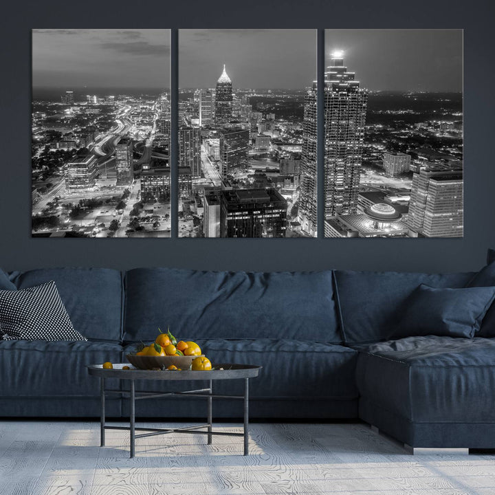 Atlanta City Skyline Art mural noir et blanc Paysage urbain Impression sur toile