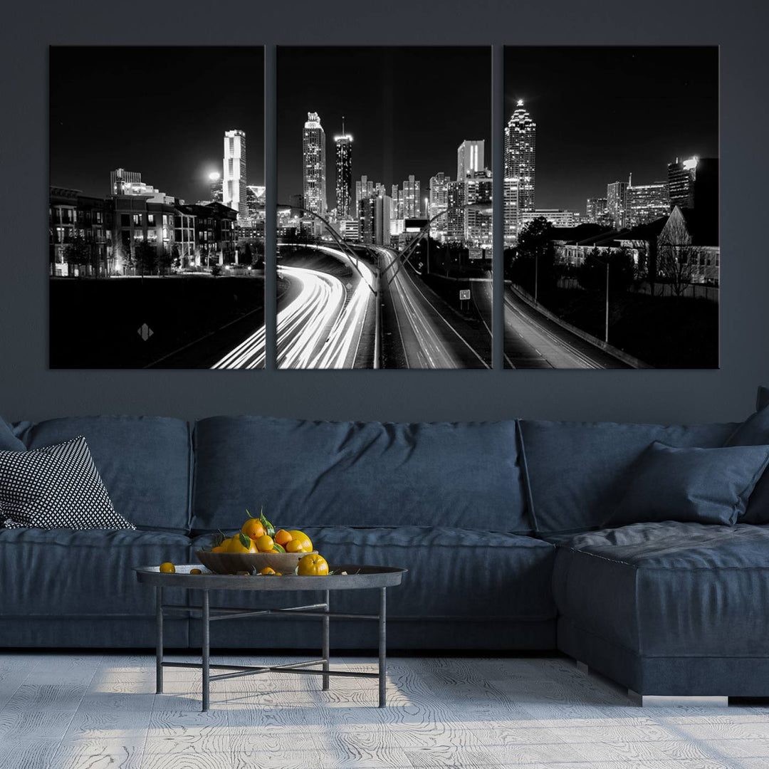 Atlanta City Lights Skyline Art mural noir et blanc Paysage urbain Impression sur toile