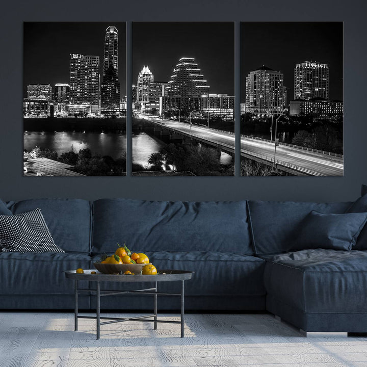 Austin City Lights Skyline Black and White Wall Art Canvas Print