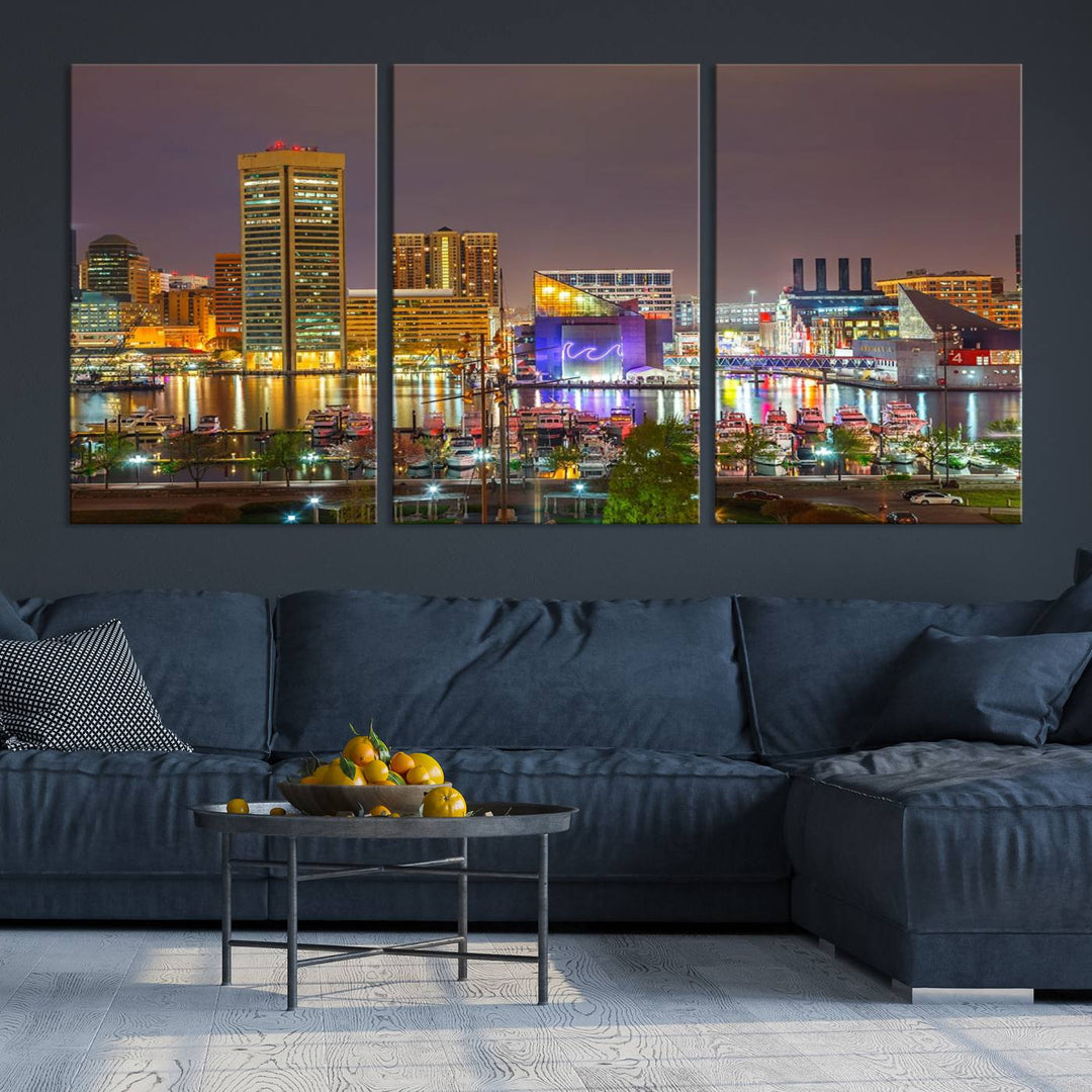 The Baltimore City Lights Night Skyline Cityscape View Wall Art Canvas Print is elegantly displayed on museum-quality canvas.