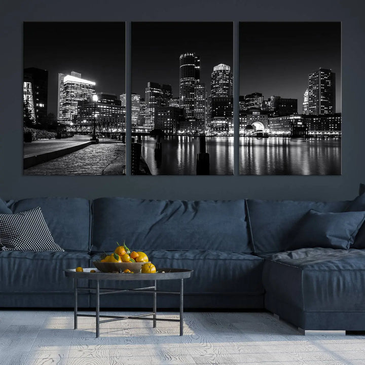 The living room showcases the Boston City Lights Skyline Black and White Wall Art Canvas Print.