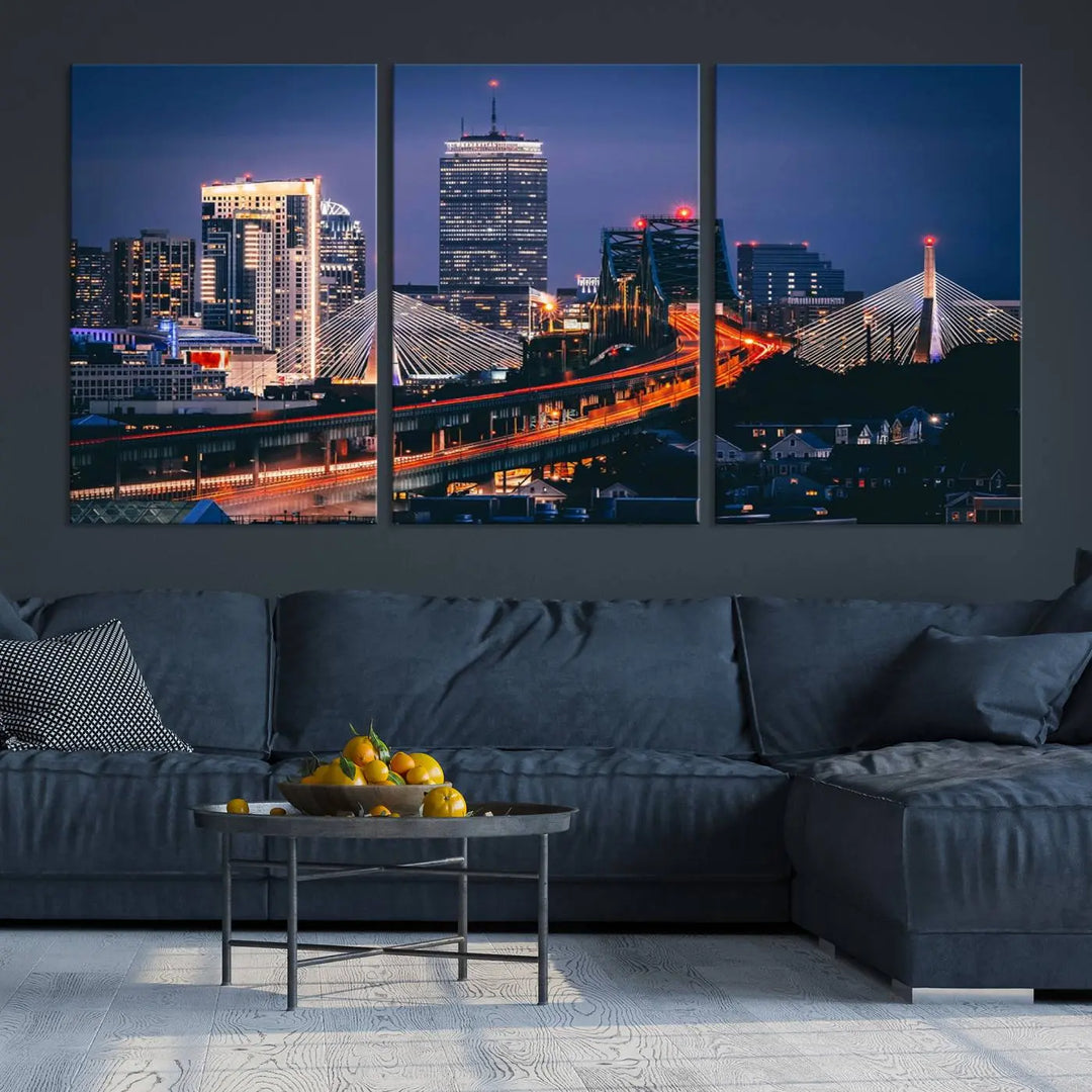 The "Boston City Lights Night Skyline Cityscape View" artwork on the wall showcases a brightly lit bridge at night. It is displayed on museum-quality canvas with a UV-protective coating.