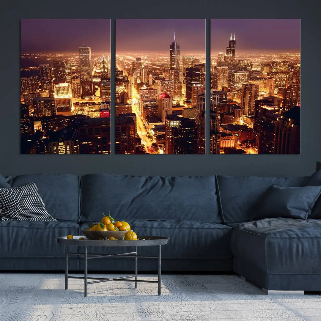 A large artwork showcasing the Chicago Night Skyline cityscape is elegantly displayed on a gallery-wrapped, museum-quality canvas.