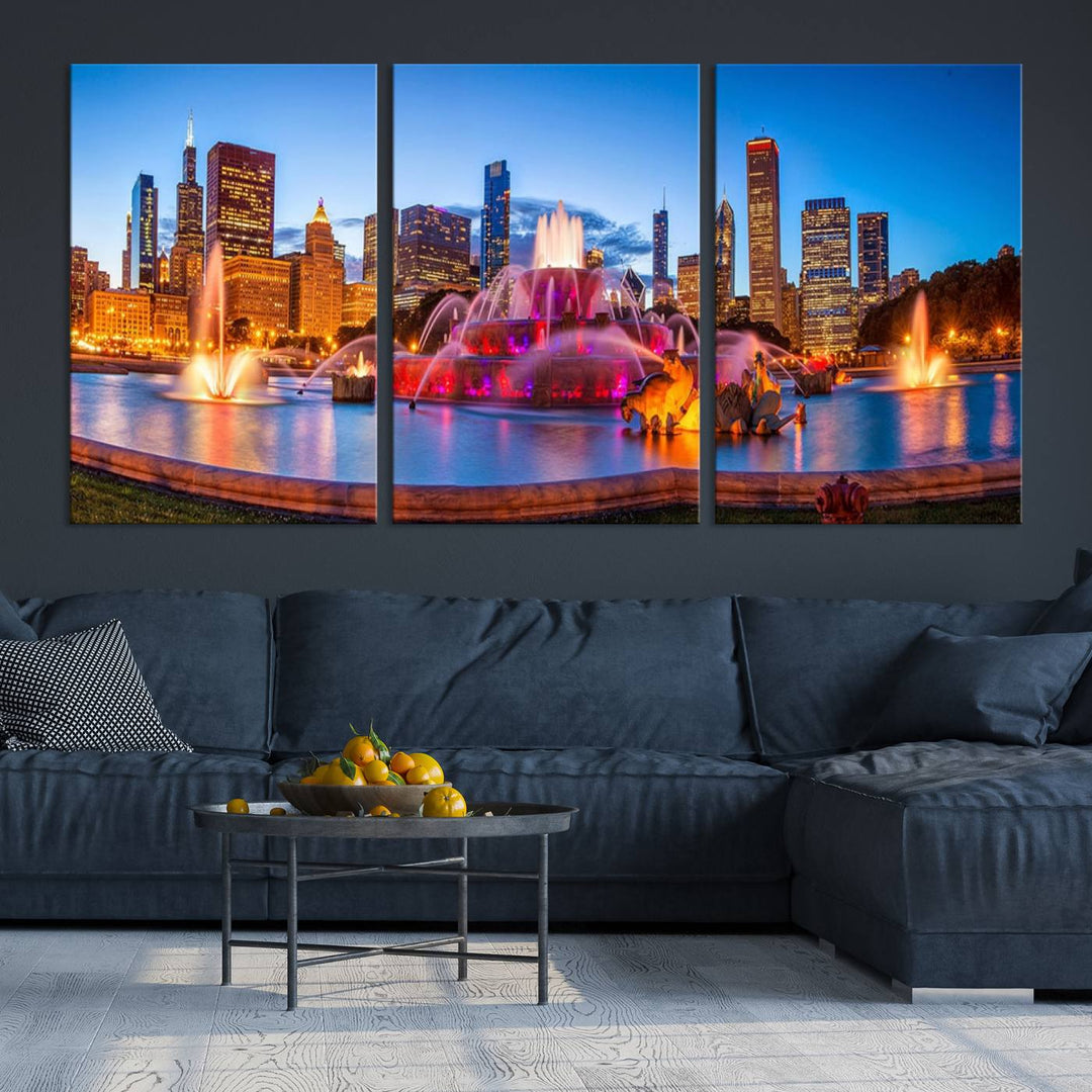 Chicago City Colorful Lights Night Skyline Cityscape View Wall Art Canvas Print