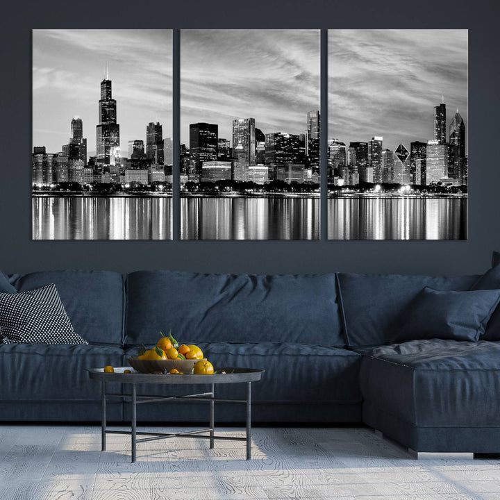 Chicago City Cloudy Skyline Black and White Wall Art Cityscape Canvas Print