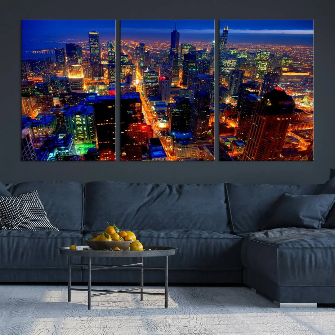 The "Chicago Night Skyline Wall Art" on museum-quality canvas adds long-lasting appeal to the living room.