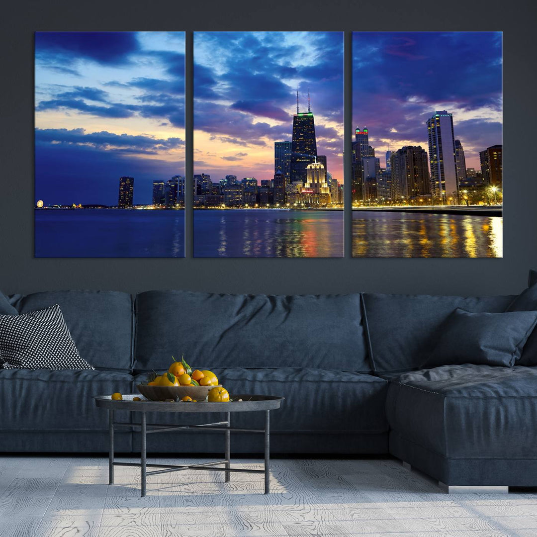 Chicago City Lights Nuit Nuageux Bleu Skyline Cityscape View Wall Art Impression sur toile