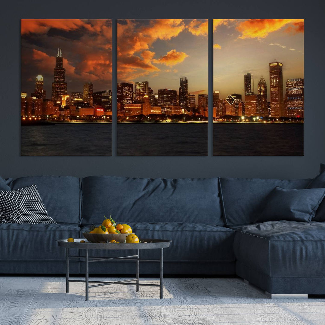 Chicago City Lights Sunset Orange Cloudy Skyline Cityscape View Wall Art Canvas Print