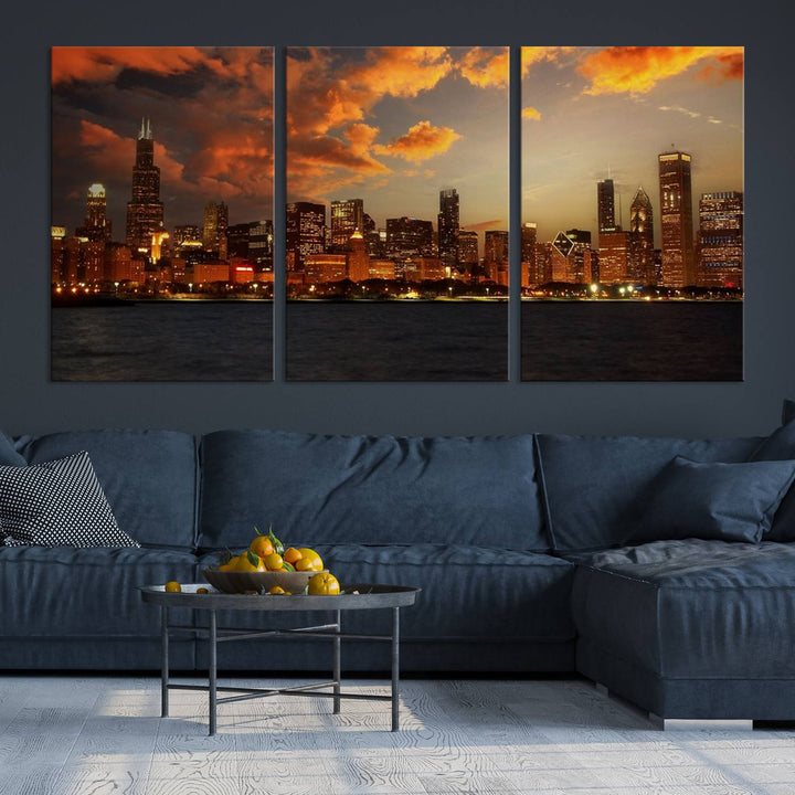 Chicago City Lights Coucher de soleil Orange Nuageux Skyline Paysage urbain Vue Art mural Impression sur toile