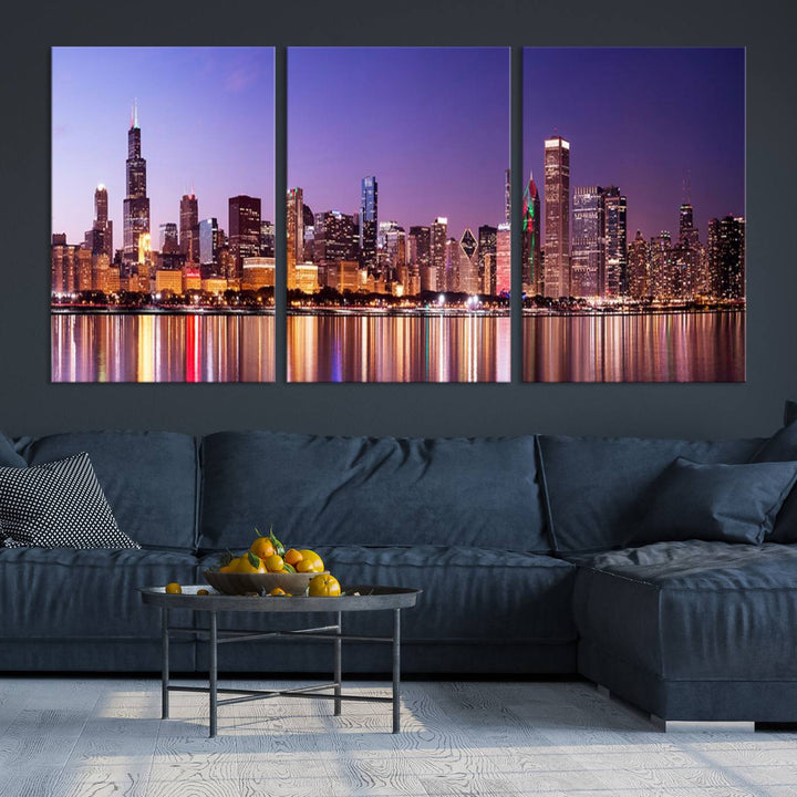 Chicago City Lights Night Purple Skyline Cityscape View Wall Art Canvas Print