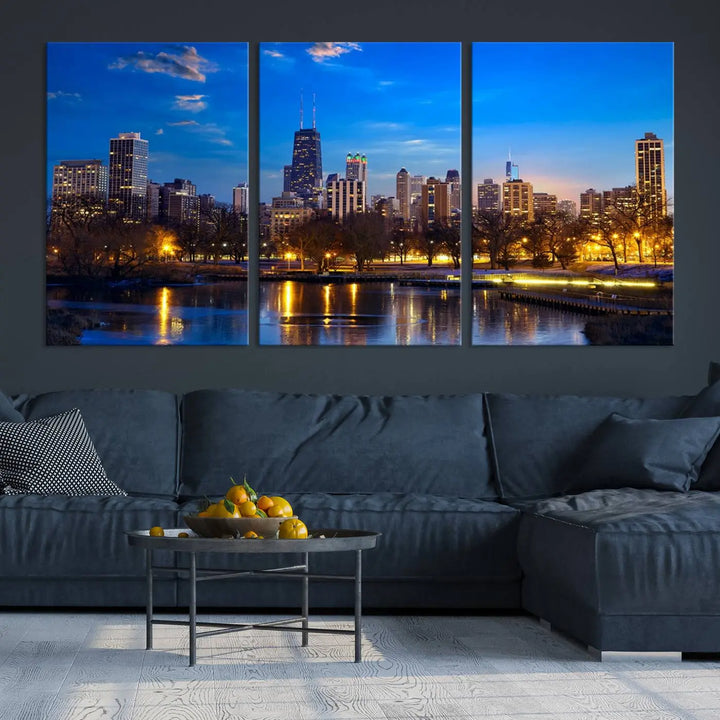 A triptych photo titled "Chicago City Lights Night Blue Skyline Cityscape View Wall Art Canvas Print" is elegantly displayed on gallery-wrapped, museum-quality canvases.