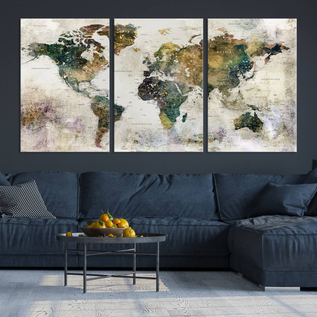 Carte du monde, impression d'art mural, carte sur toile, ensemble mural de 3 panneaux, cadeau, carte de voyage