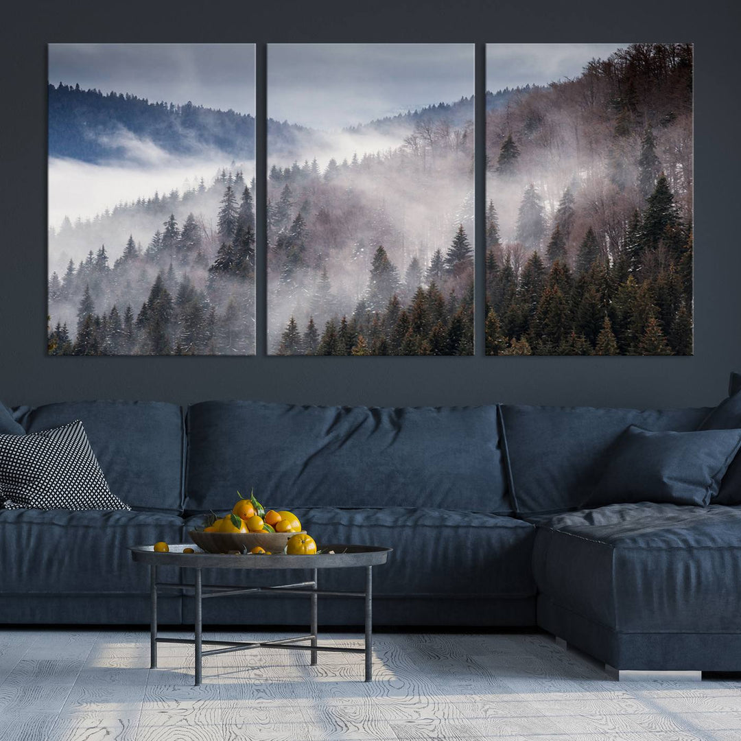 The "Beautiful Rising Fog in Winter Mountain Landscape" wall art is presented on museum-quality canvas, adding a striking visual element to the living room.