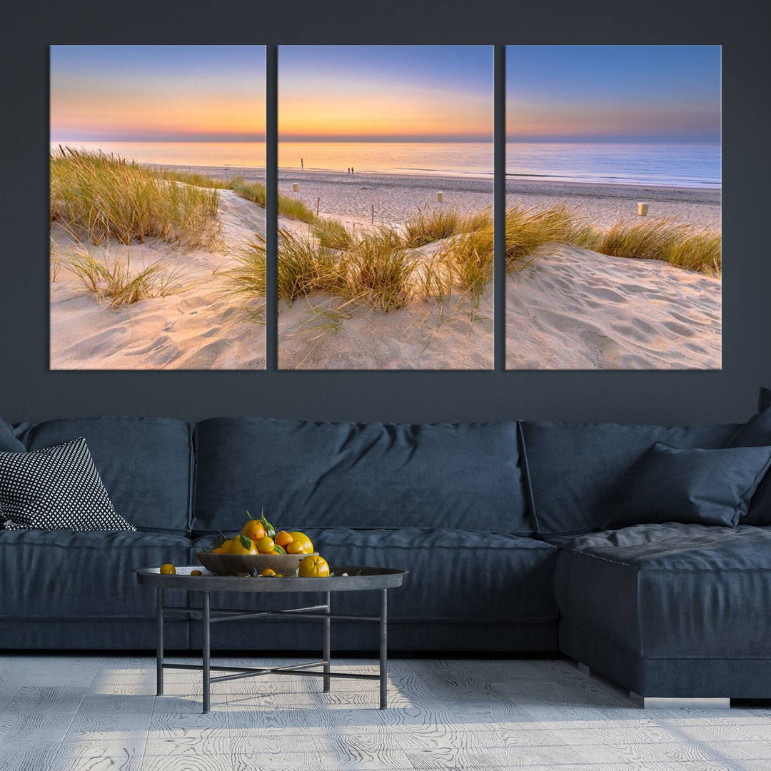 The "Sunset Silence on the Beach" wall art canvas print features a serene beach scene at sunset on museum-quality canvas with a UV-protective coating.