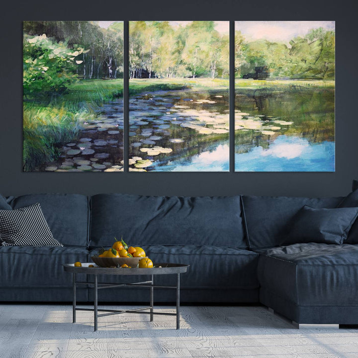 The "Forest Pond River Lake Wall Art Canvas Print" showcases a serene lakeside landscape with trees and water lilies. Crafted on museum-quality canvases and enhanced with UV-protective coating, this piece serves as an elegant addition to any space.