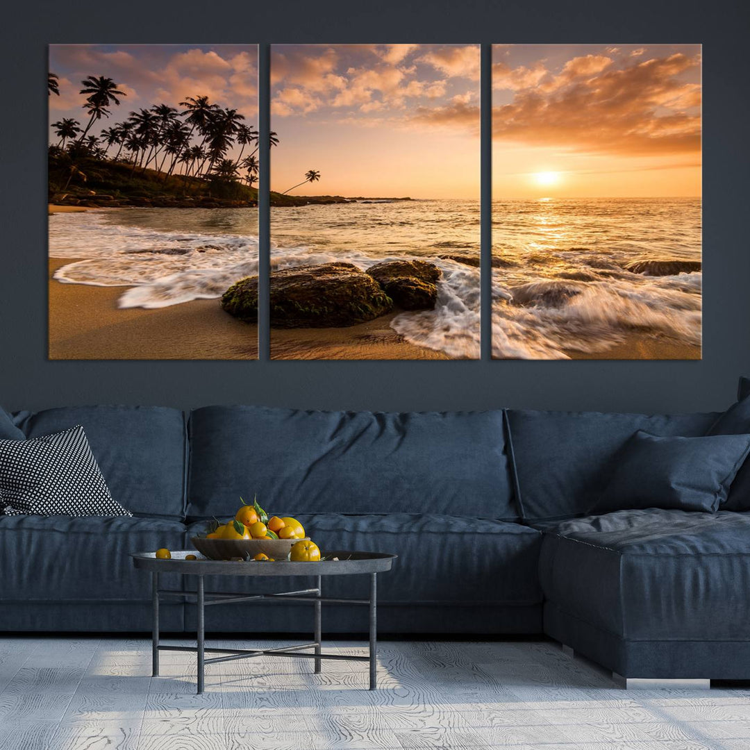 The "Tropical Island Sunset Sunrise Wall Art Canvas Print" is a stunning triptych that showcases a tranquil beach sunset complete with waves and palm trees. Each canvas piece is meticulously hand-assembled and framed using museum-quality polycotton with a UV-protective coating to ensure enduring beauty.