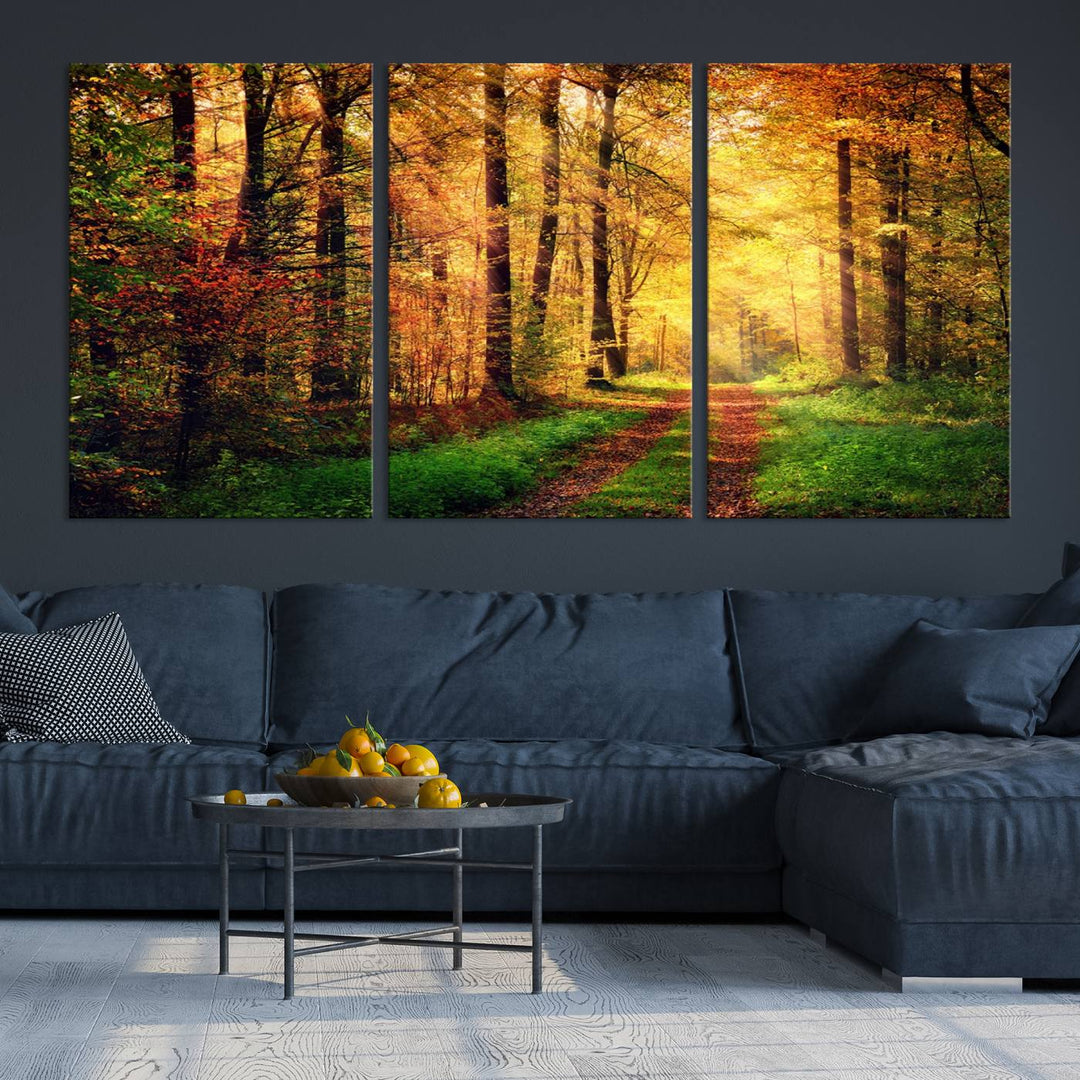 The Sunlight Through Trees Wall Art Canvas Print showcases a sunlit forest path in autumn on gallery-wrapped, museum-quality canvas with UV-protective coating.