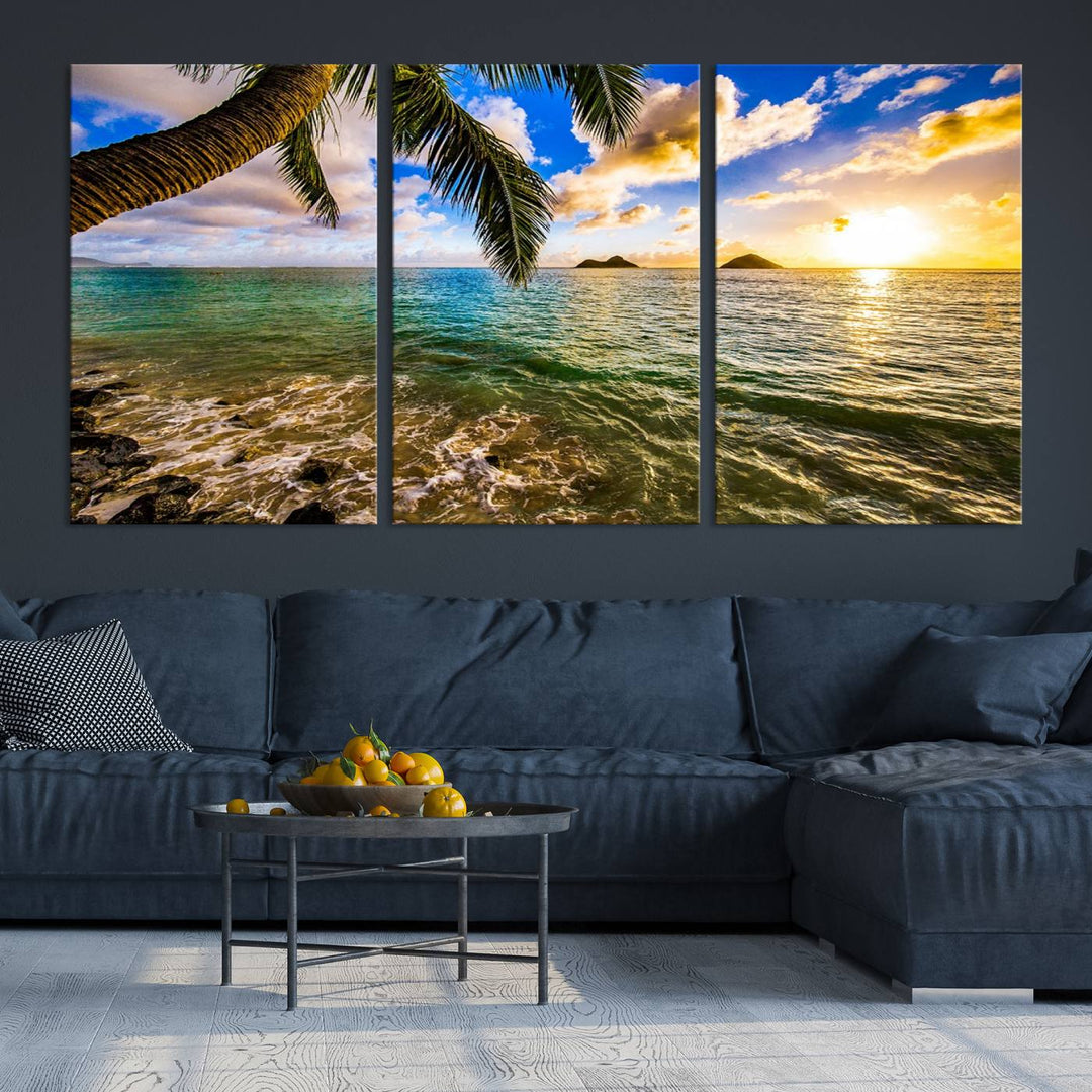 The Sunset Lake View Wall Art Canvas Print, gallery wrapped on a museum-quality canvas, enhances the vibrant living room decor with its UV-protective coating.