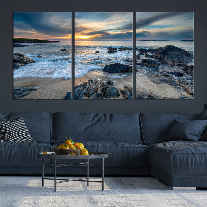 The "Beautiful Stormy Sunset at Bagh Steinigidh Beach Stones" triptych ocean-themed wall art is displayed on museum-quality canvas and features a UV-protective coating.