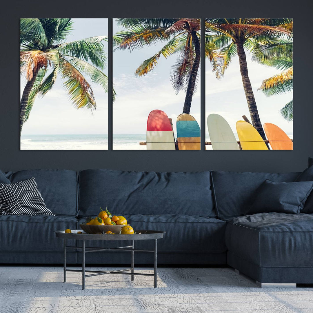 The room showcases The Palm and Surfing Board Wall Art Canvas Print, a triptych of palm trees and surfboards by the beach, elegantly gallery wrapped for a sophisticated finish.