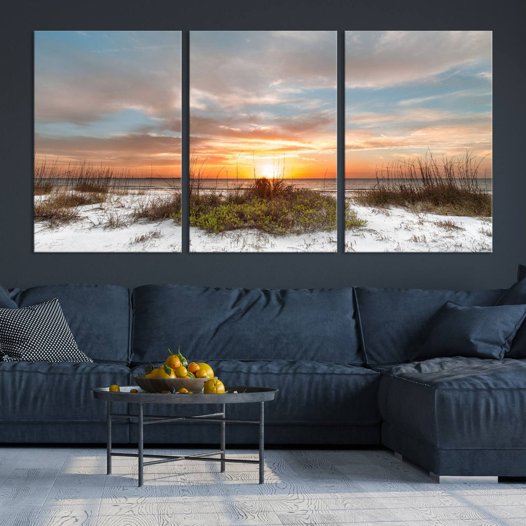 The Beach Ocean Sunset Sand Wall Art Canvas Print is expertly crafted on museum-quality canvases with a UV-protective coating.