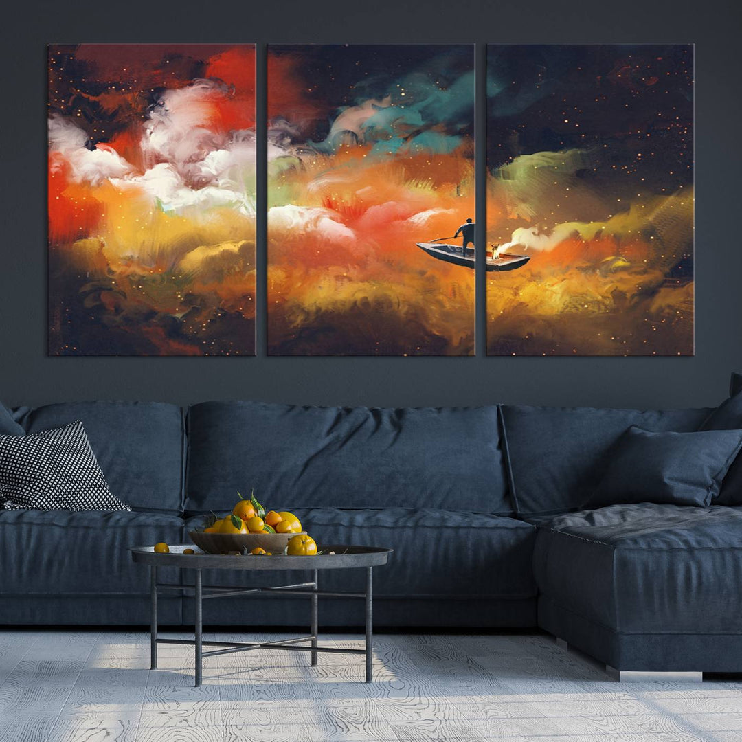 The "Surreal Space Adventure Canvas Wall Art" is a dreamlike abstract galaxy print with an astronaut among clouds, inviting you on a space adventure. This stunning piece comes framed and ready to hang, making it perfect for enhancing living room or bedroom decor.