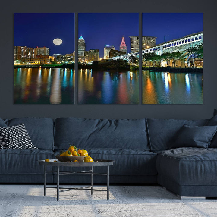 Cleveland City Lights Night Skyline, a stunning triptych wall art cityscape canvas print with museum-quality UV-protective coating, is beautifully showcased.