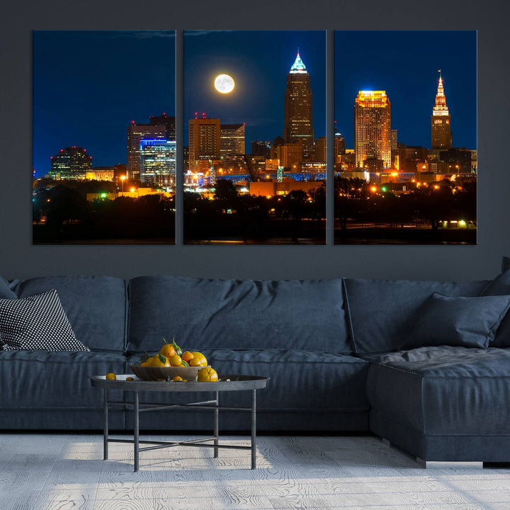 The "Cleveland Night Skyline Wall Art City Cityscape Canvas Print" adds elegance to the room with its depiction of a city skyline and full moon on museum-quality canvas. The artwork is enhanced by a UV-protective coating to ensure lasting brilliance.