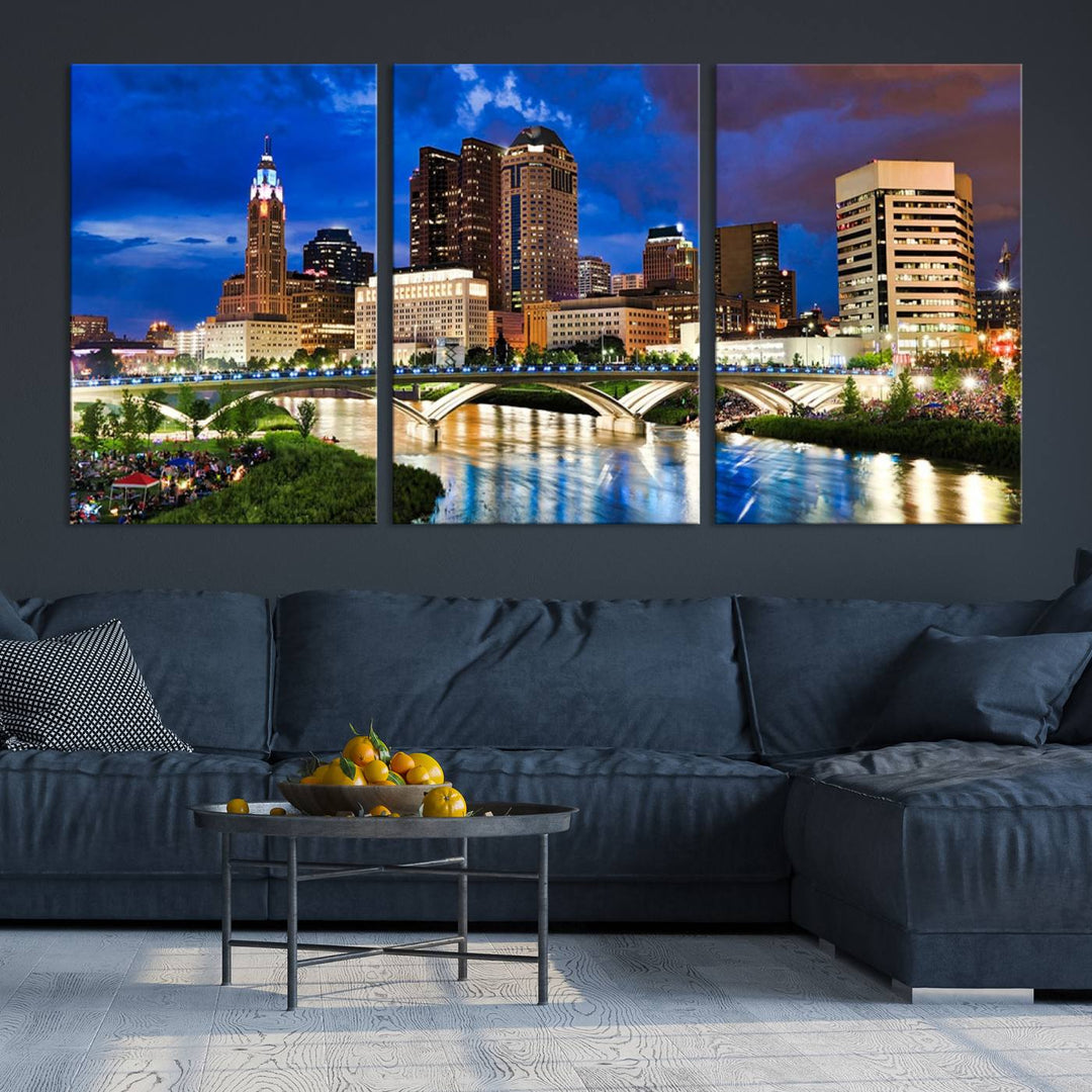 The Columbus City Lights Night Bright Blue Cloudy Skyline Cityscape View Wall Art Canvas Print, crafted on museum-quality canvas and finished with a UV-protective coating, adorns the wall.