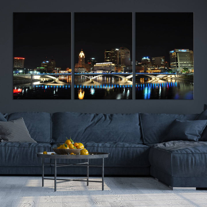 The "Columbus City Lights Night Skyline Cityscape View Wall Art Canvas Print" elegantly decorates the area, presented on museum-quality canvases that feature UV-protective coating to maintain their vibrant appearance.