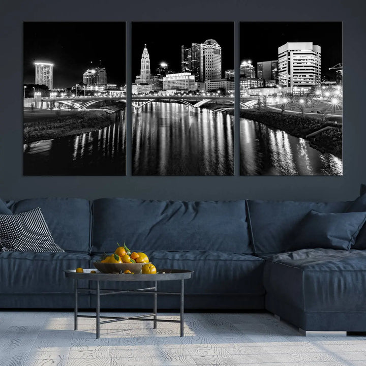 The living room showcases the Columbus City Lights Skyline Black and White Wall Art Cityscape Canvas Print.