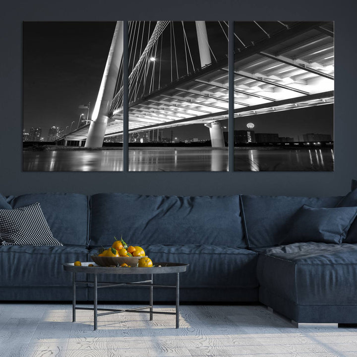 The modern living room features the museum-quality "Dallas City Bridge Lights Skyline Black and White Wall Art Cityscape Canvas Print," elegantly displayed on gallery-wrapped canvas.