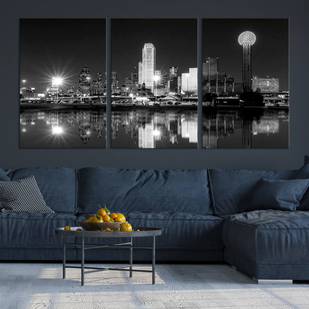 The living room showcases the Dallas City Lights Skyline Black and White Wall Art Cityscape Canvas Print. This museum-quality artwork is ready to hang and features a UV-protective coating to maintain its vibrant colors.