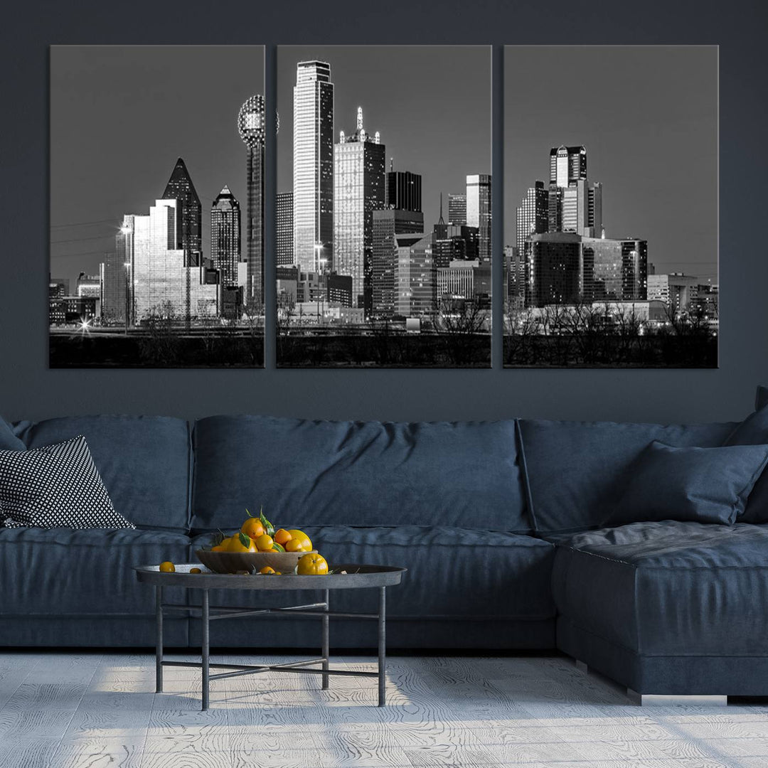 The Dallas City Skyline Black and White Wall Art Cityscape Canvas Print features a gallery-wrapped, museum-quality finish.