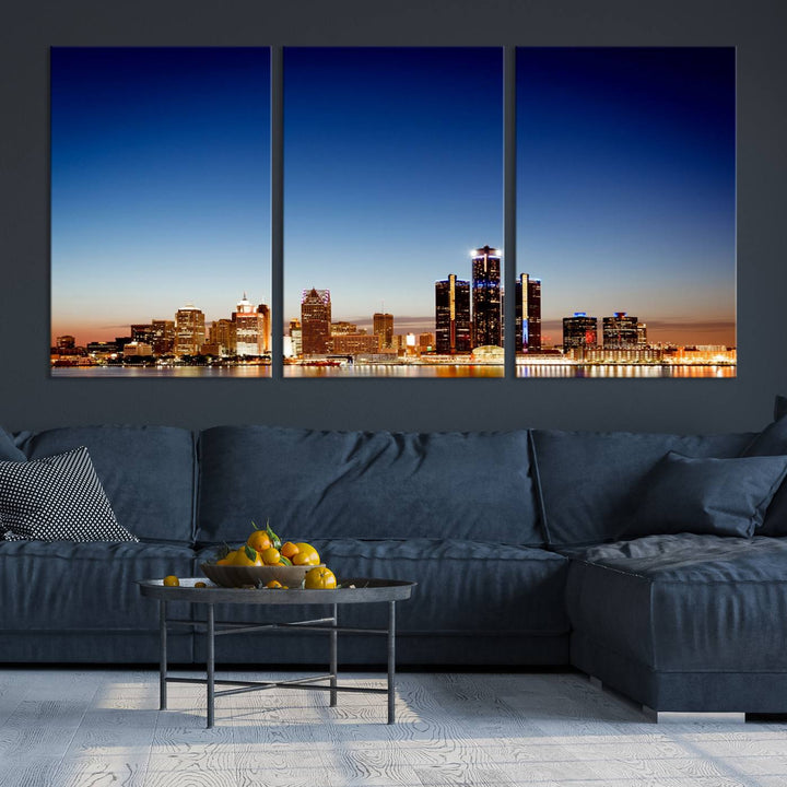 The Detroit City Lights Sunrise Skyline Cityscape View Wall Art Canvas Print adorns the modern living room. Crafted on museum-quality canvas with a UV-protective coating, this piece is ready to hang and elegantly elevates your décor.