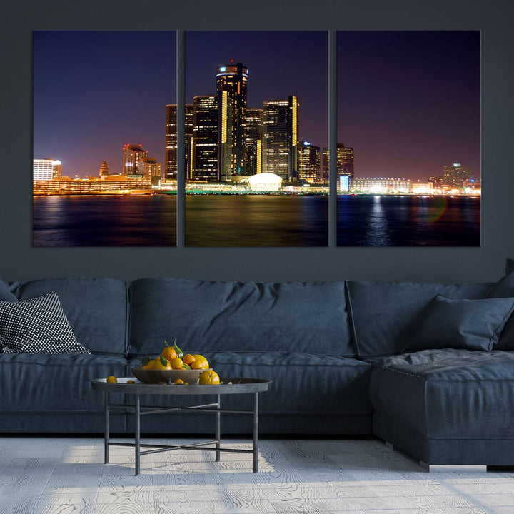 The Detroit City Lights Night Skyline Cityscape View Wall Art Canvas Print, elegantly split into three panels, is made from museum-quality pollycotton and gallery wrapped for a sophisticated touch. It is available with free shipping to effortlessly elevate your space.