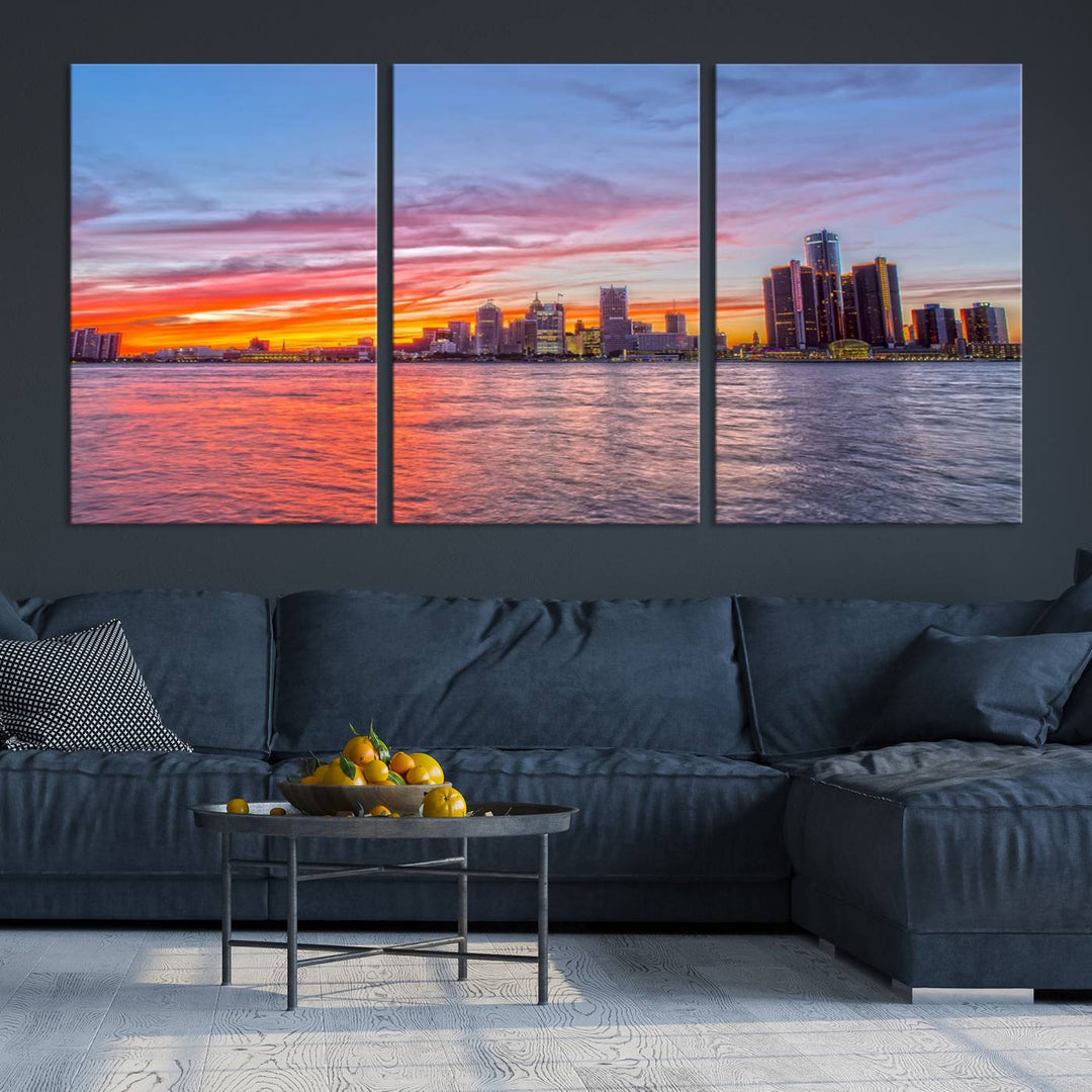 The Detroit City Lights Sunset Colorful Cloudy Skyline Cityscape View Wall Art Canvas Print showcases a vibrant city skyline at sunset over water. The artwork is museum-quality, comes ready to hang, and features a UV-protective coating to preserve its vivid colors.