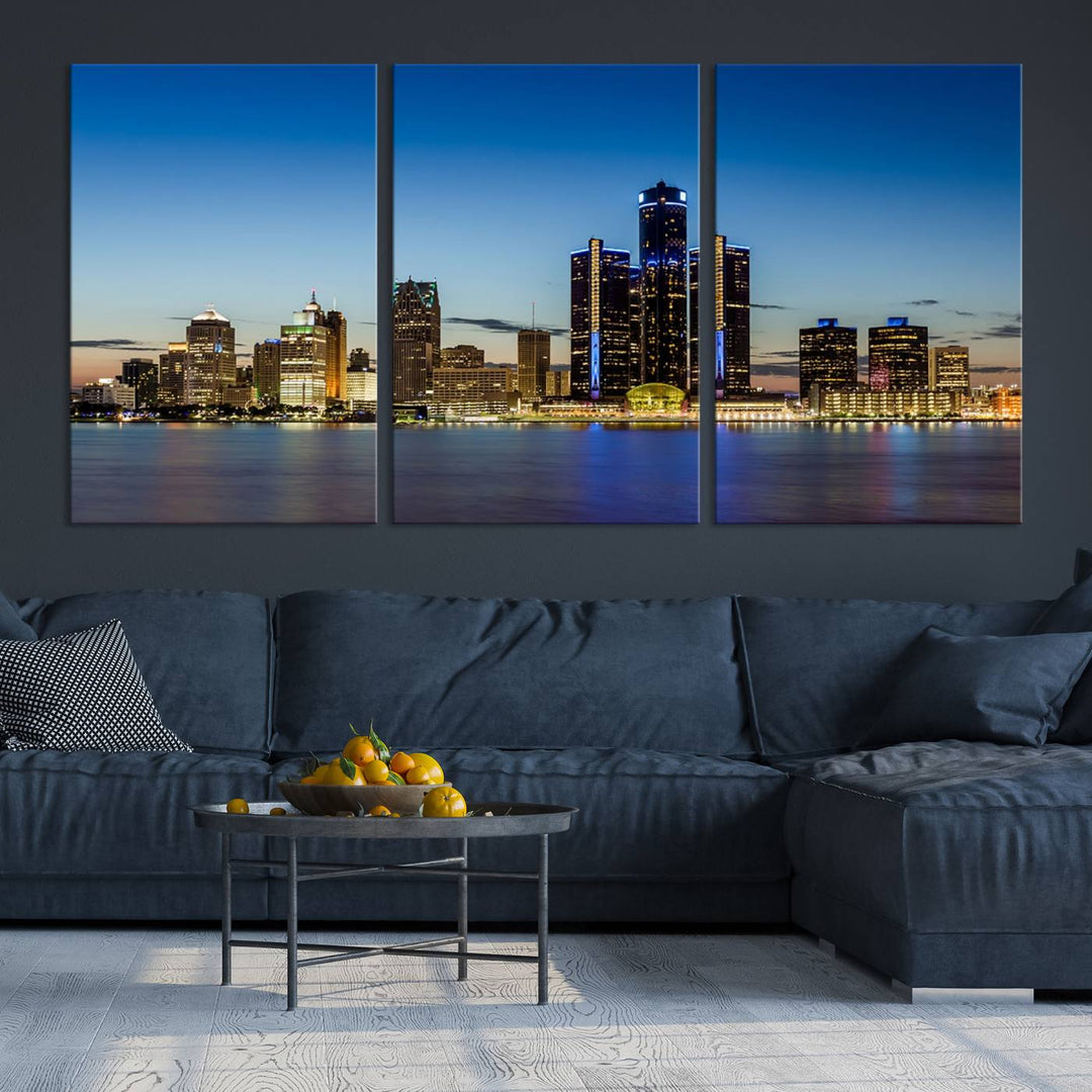 The "Detroit City Lights Sunrise Skyline Cityscape View Wall Art Canvas Print" on the wall is a triptych gallery-wrapped on museum-quality canvas, adding an elegant touch to the space.