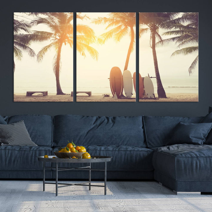 Surfboard and Palm Tree on Beach Double Exposure with Colorful Bokeh Sunset Light Wall Art Canvas