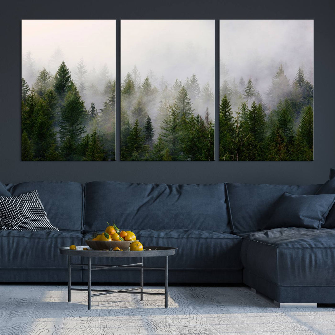 A 3-panel Misty Pine Forest Wall Art Canvas Print, featuring a green woodland scene, adorns the wall.