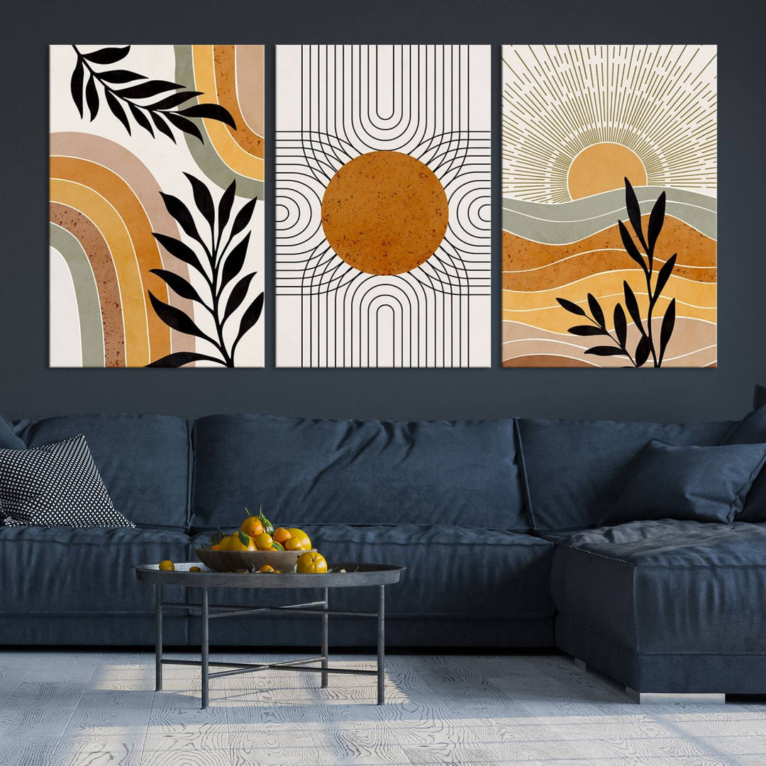 Modern Boho Sun and Leaf Abstract Art – 3-Panel Giclée Canvas for Mid-Century Modern or Bohemian Wall Decor