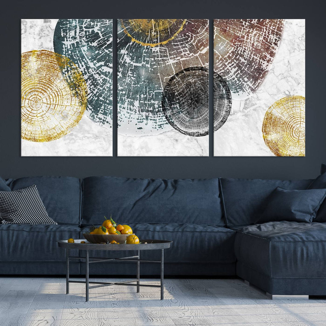 Contemporary living room showcasing the "Wood Lines" 3 Panel Abstract Wall Art Canvas Print displaying museum-quality tree ring art on the wall.