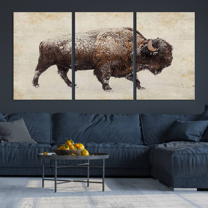 The "Buffalo Wall Art" canvas print, featuring a Western bison, hangs prominently, infusing the space with rustic cowboy and Western decor.